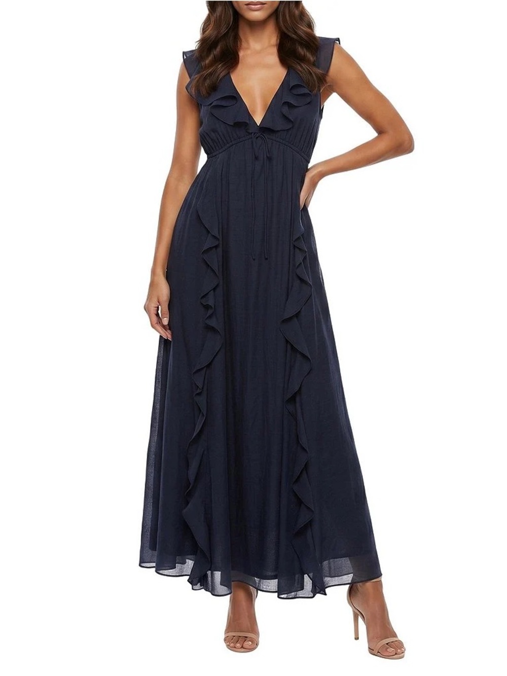 Maison Tara Navy Ruffle-Trim Maxi Dress